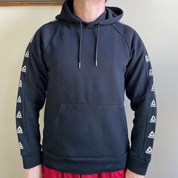 Men’s Reebok Black Pullover Hoodie with Logos and Kangaroo Pocket (Medium) - Picture 6 of 16